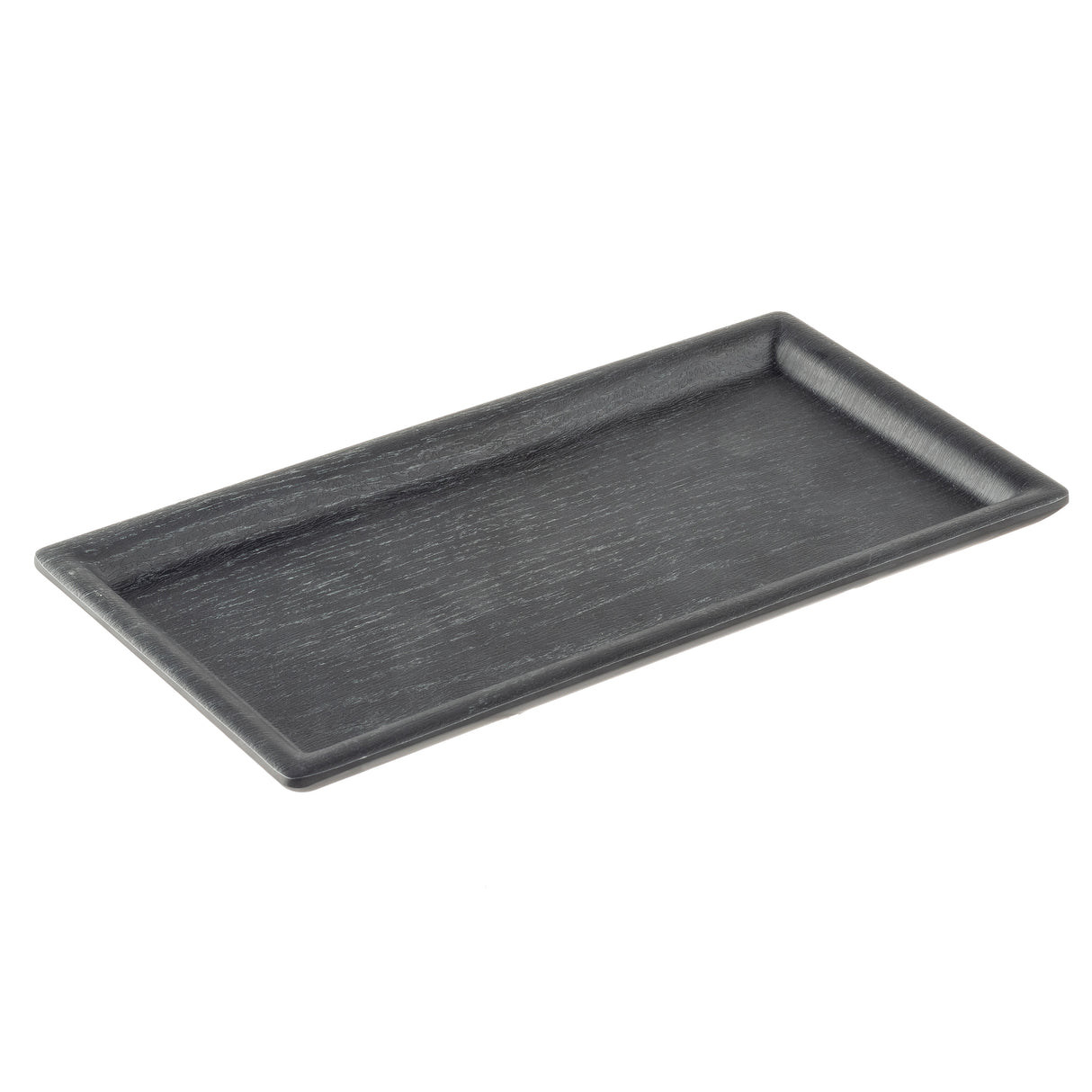 A rectangular black tray with slightly raised edges and a subtle wood grain texture. This Onyx Melamine Serving Tray, photographed empty on a white background, adds modern style to any setting.