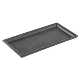 A rectangular black tray with slightly raised edges and a subtle wood grain texture. This Onyx Melamine Serving Tray, photographed empty on a white background, adds modern style to any setting.