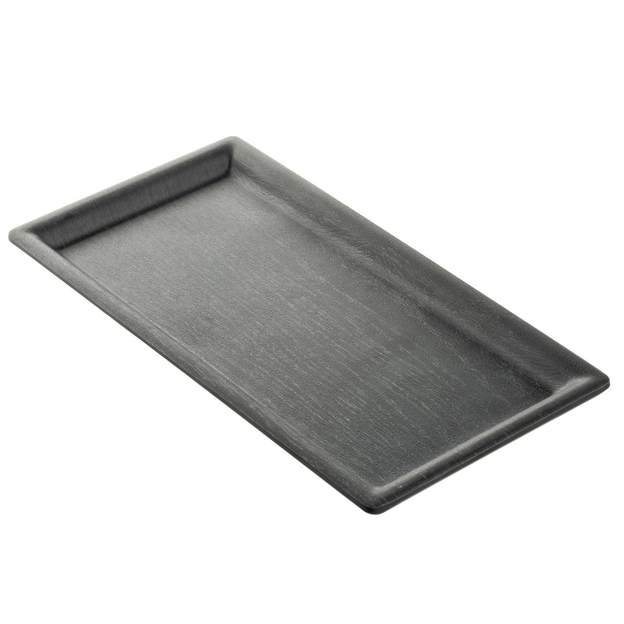 A rectangular black tray with slightly raised edges and a smooth, matte surface, the TableCraft 12457 Onyx Melamine Serving Tray is shown from a slight angle against a white background.