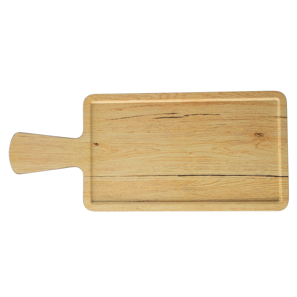 A rectangular Timber Melamine Serving Paddle with a handle on the left side. The light-colored wood look features natural grain patterns and a shallow groove around the edge. The board, by TableCraft Products, is photographed on a white background.