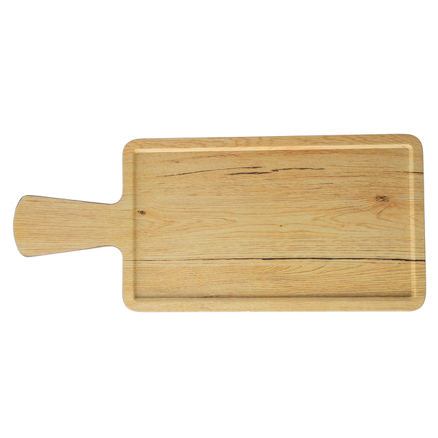 A rectangular Timber Melamine Serving Paddle with a handle on the left side. The light-colored wood look features natural grain patterns and a shallow groove around the edge. The board, by TableCraft Products, is photographed on a white background.