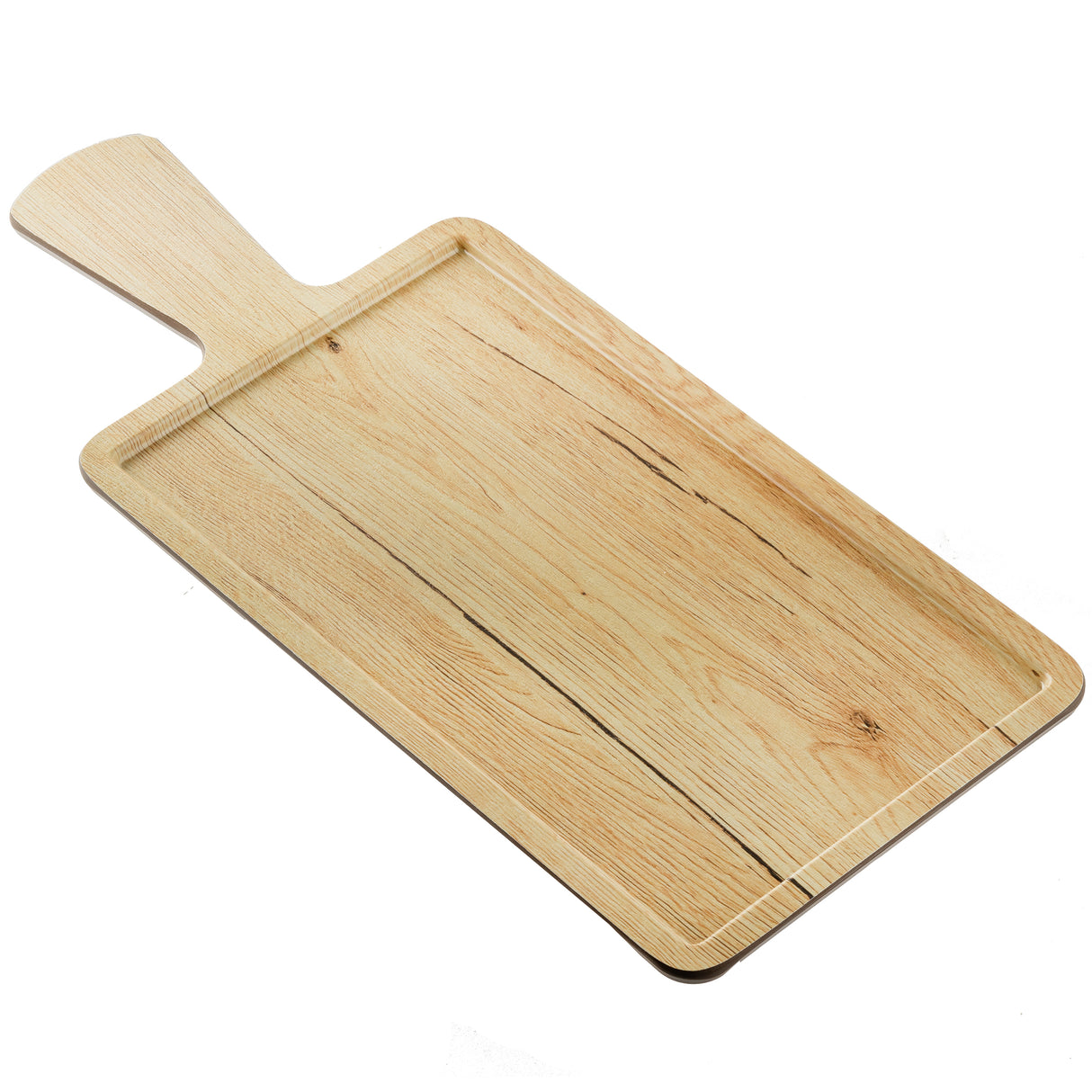 A rectangular Timber Melamine Serving Paddle with a handle, featuring light wood grain and subtle dark streaks. Raised edges line three sides, with fine groove lines at the ends, set against a white background.
