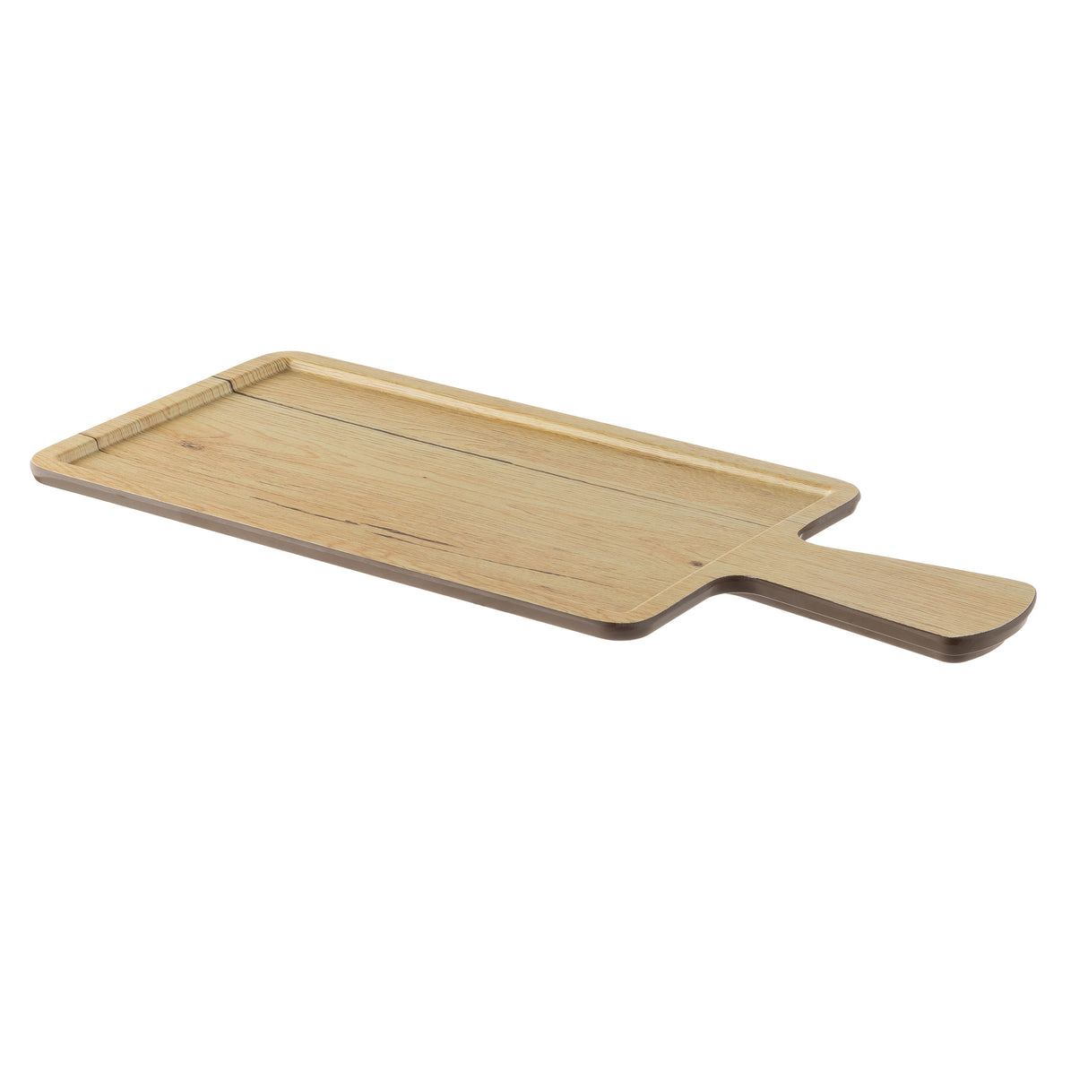 A rectangular Timber Melamine Serving Paddle with a handle, light brown in color and featuring a shallow groove along the edges; the board is placed on a white background at an angle, displaying both its flat surface and handle.