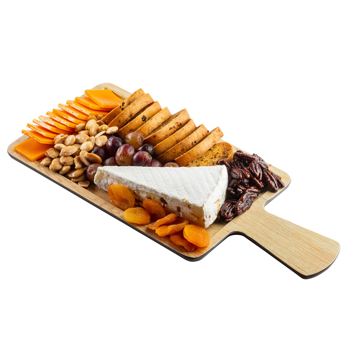 A rectangular Timber Melamine Serving Paddle topped with cheddar cheese slices, almonds, crackers, red grapes, a large wedge of brie cheese, dried apricots, and candied pecans, all arranged neatly in rows against a white background.