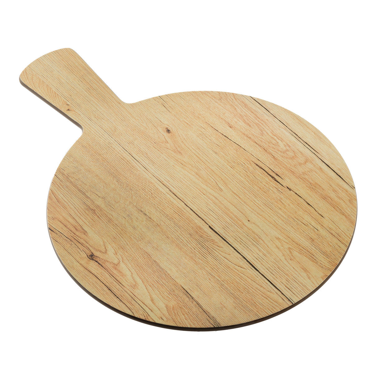 A round wooden serving paddle with a short handle, featuring a light wood grain pattern from the Timber Melamine Collection. Photographed on a white background, the board is slightly angled with the handle to the left.