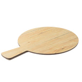 A round, flat wooden serving paddle with a short handle, resembling a large table tennis paddle, is placed on a white background. Part of the Timber Melamine Collection, it displays natural wood grain patterns and smooth, rounded edges.