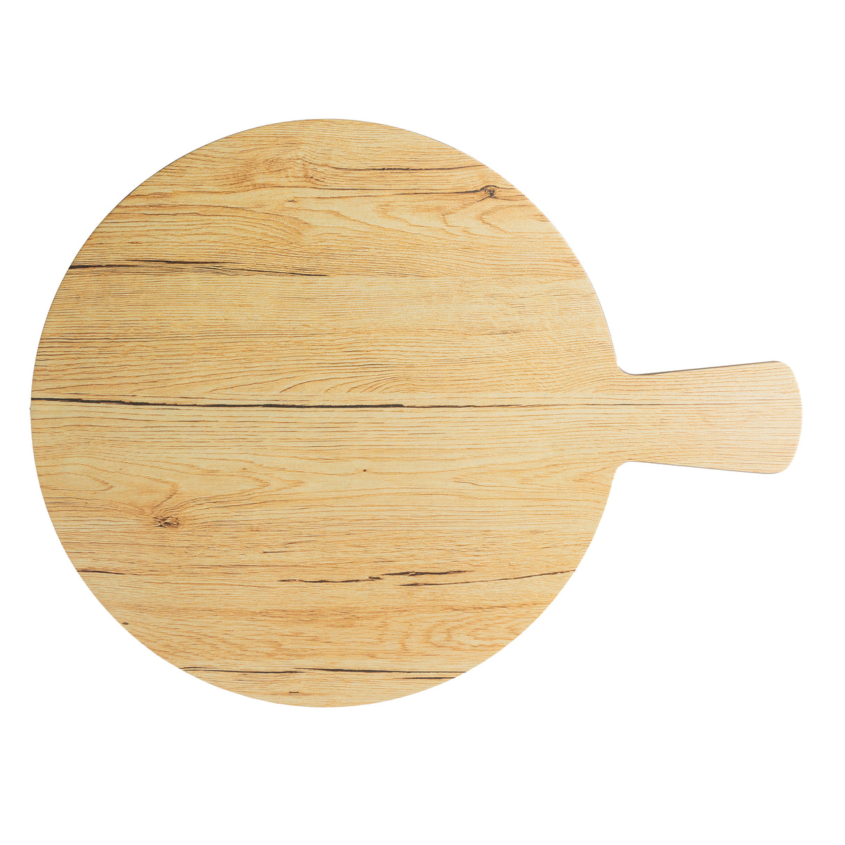 A round wooden serving paddle with a short handle, featuring visible wood grain patterns, is shown on a white background.