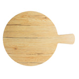 A round wooden serving paddle with a short handle, featuring visible wood grain patterns, is shown on a white background.