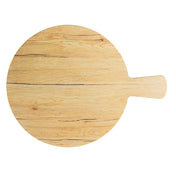 A round wooden serving paddle with a short handle, featuring visible wood grain patterns, is shown on a white background.