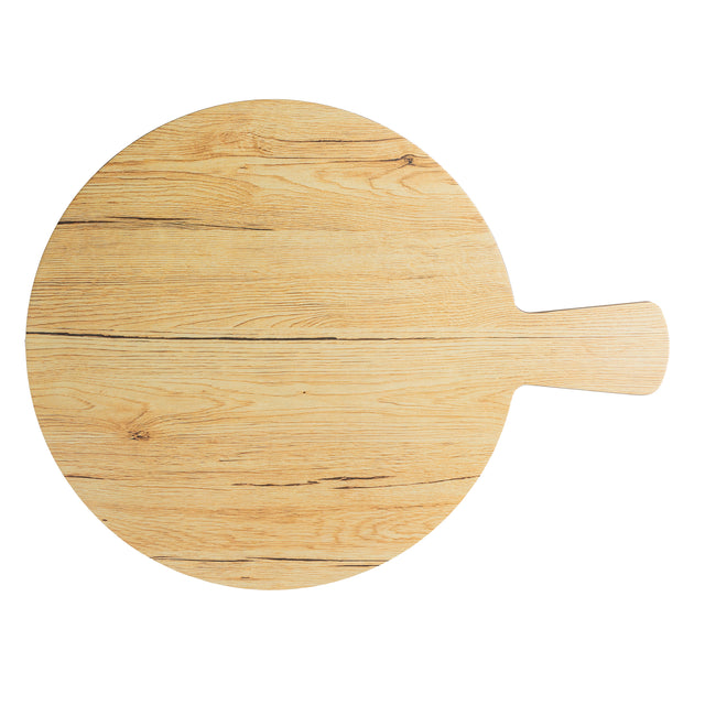 A round wooden serving paddle with a short handle, featuring visible wood grain patterns, is shown on a white background.