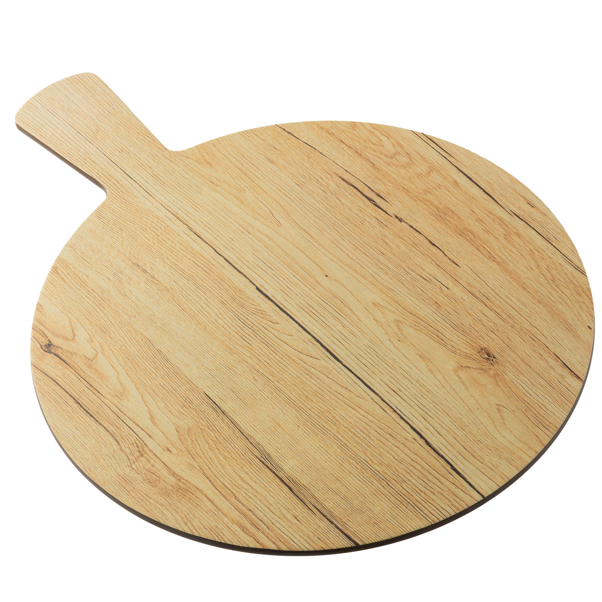 A round, light wood Serving Paddle from the Timber Melamine Collection is pictured on a white background. Featuring natural grain patterns and subtle lines, its flat handle blends smoothly with the circular board for a rustic touch.