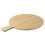 A round, flat wooden serving paddle with a short handle. The surface features a light wood grain pattern, part of the Timber Melamine Collection. Its simple and functional design is ideal for serving or handling pizza.
