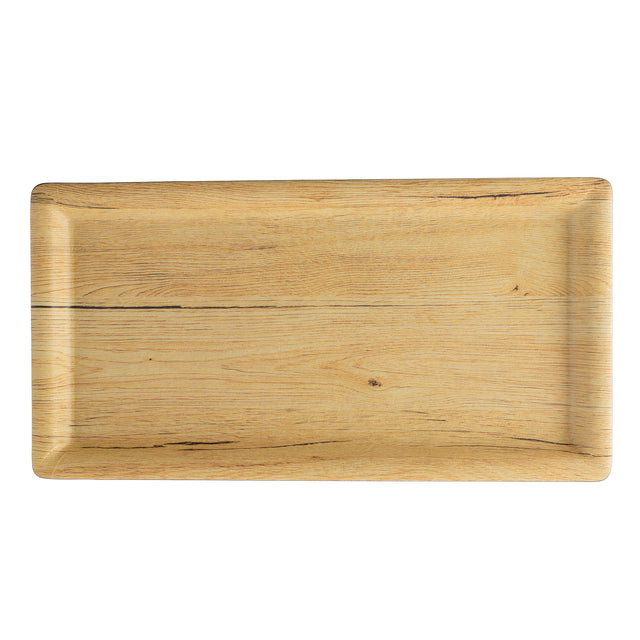 A rectangular TableCraft serving tray with rounded corners features a natural light wood grain pattern and subtle dark streaks. Its slightly raised edges and smooth surface make it perfect for stylish presentation, photographed against a white background.