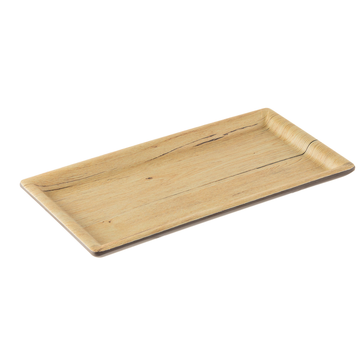 A rectangular, shallow wooden serving tray with a light natural finish and subtle grain patterns. The edges are slightly raised, and the corners smoothly rounded. This elegant TableCraft piece rests on a white background.