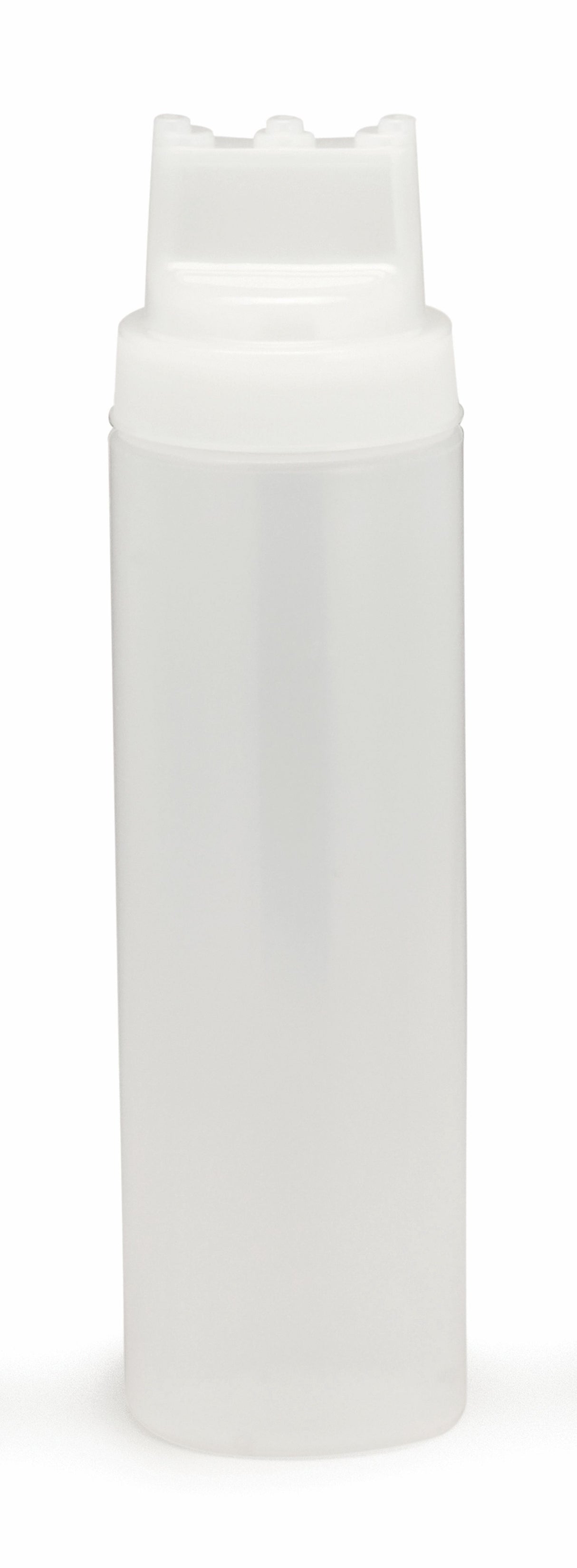 A tall, translucent white WideMouth Squeeze Bottle with a secure, flat lid and wide body. This 24 oz squeeze bottle is plain and unmarked, standing upright against a white background, and is dishwasher safe for easy cleaning.