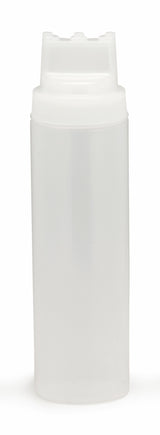 A tall, translucent white WideMouth Squeeze Bottle with a secure, flat lid and wide body. This 24 oz squeeze bottle is plain and unmarked, standing upright against a white background, and is dishwasher safe for easy cleaning.