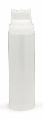 A tall, translucent white WideMouth Squeeze Bottle with a secure, flat lid and wide body. This 24 oz squeeze bottle is plain and unmarked, standing upright against a white background, and is dishwasher safe for easy cleaning.