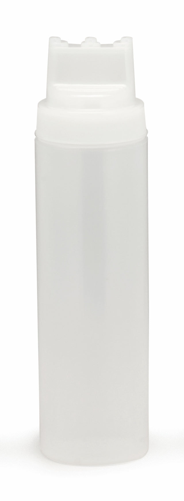 A tall, translucent white WideMouth Squeeze Bottle with a secure, flat lid and wide body. This 24 oz squeeze bottle is plain and unmarked, standing upright against a white background, and is dishwasher safe for easy cleaning.