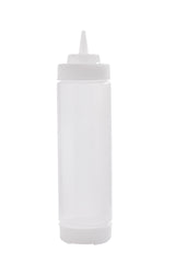 A translucent, empty 24 oz squeeze bottle with a pointed nozzle cap, typically used for dispensing condiments like ketchup or mustard. The dishwasher safe squeeze bottle stands upright on a white background, showcasing its cylindrical shape.