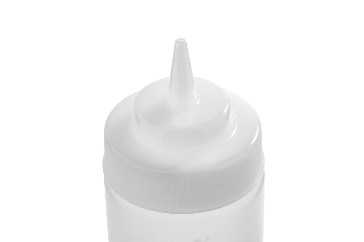 A close-up photo of a clear, empty 24 oz squeeze bottle with a pointed nozzle tip and screw-on cap, viewed from above against a white background. This dishwasher safe squeeze bottle is ideal for dispensing sauces, condiments, or liquids.