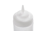 A close-up photo of a clear, empty 24 oz squeeze bottle with a pointed nozzle tip and screw-on cap, viewed from above against a white background. This dishwasher safe squeeze bottle is ideal for dispensing sauces, condiments, or liquids.