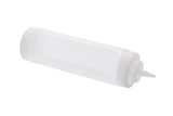 A clear, empty, plastic 24 oz squeeze bottle with a white pointed nozzle cap lies horizontally on a white background. The cylindrical bottle with smooth sides is dishwasher safe and commonly used for condiments or sauces.