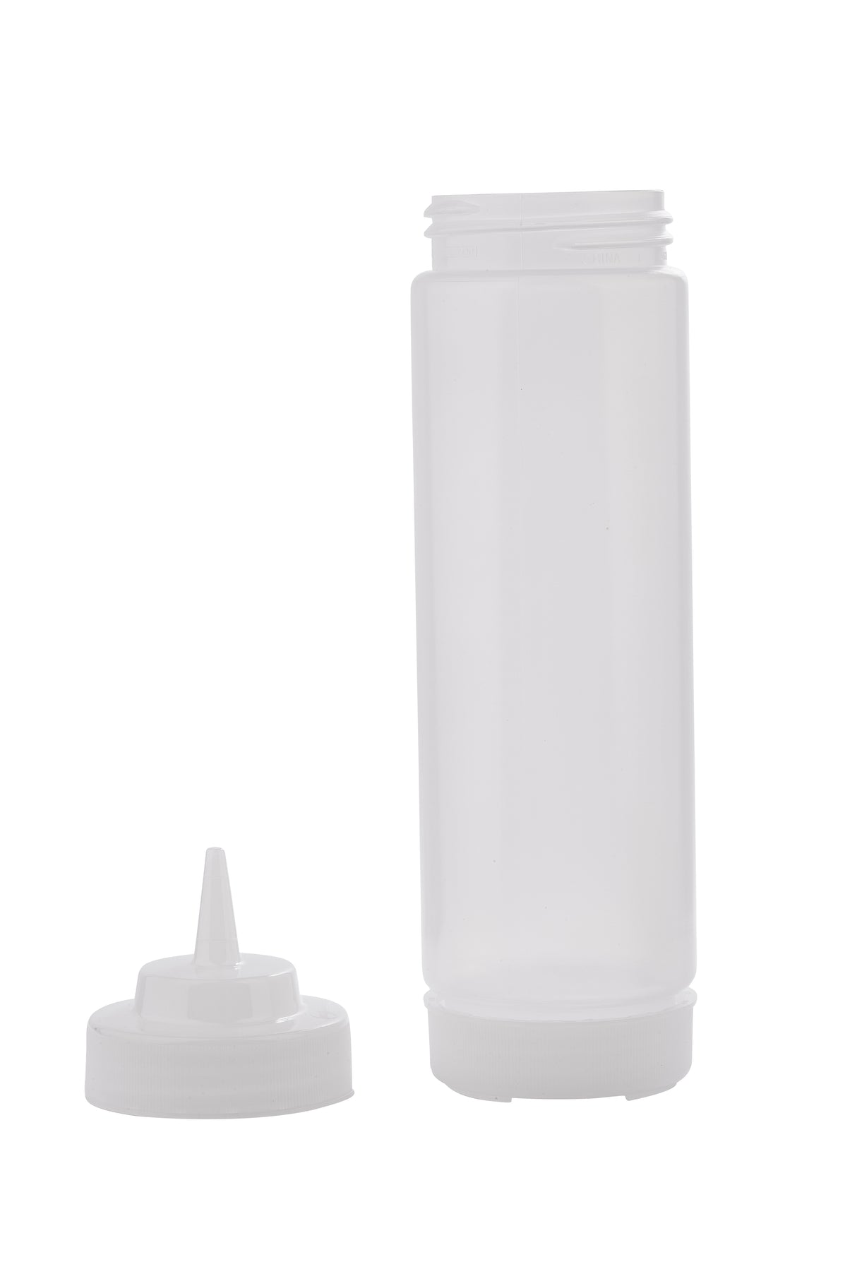 A clear 24 oz WideMouth Squeeze Bottle stands upright with its pointed nozzle cap removed and placed on the left side. The empty, cylindrical bottle is shown against a white background.