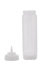 A clear 24 oz WideMouth Squeeze Bottle stands upright with its pointed nozzle cap removed and placed on the left side. The empty, cylindrical bottle is shown against a white background.