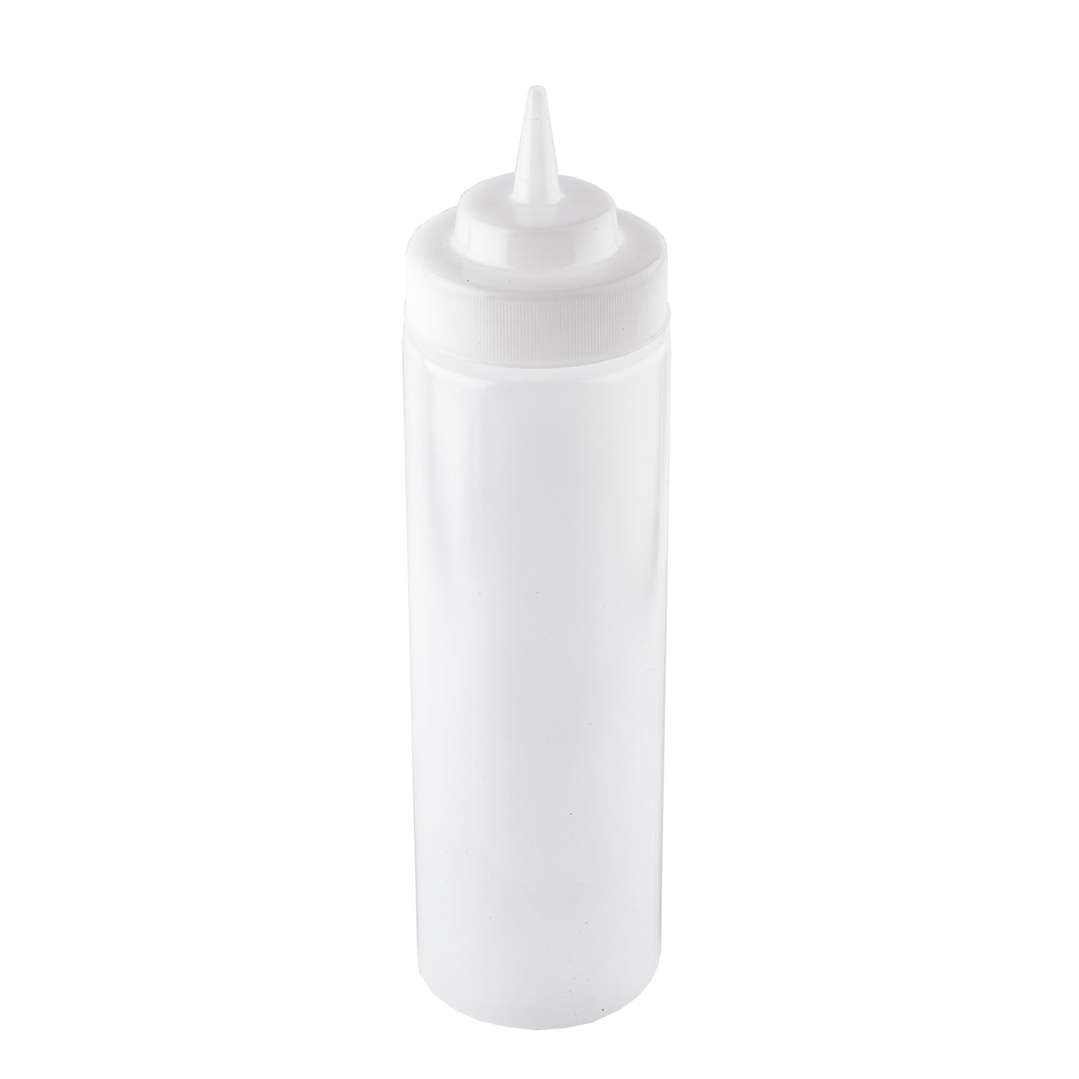 A clear, empty 24 oz Squeeze Bottle with a white screw-on cap and pointed nozzle tip, designed for dispensing condiments or sauces. The bottle stands upright against a plain white background.