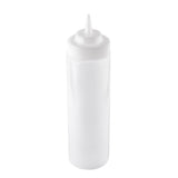A clear, empty 24 oz Squeeze Bottle with a white screw-on cap and pointed nozzle tip, designed for dispensing condiments or sauces. The bottle stands upright against a plain white background.