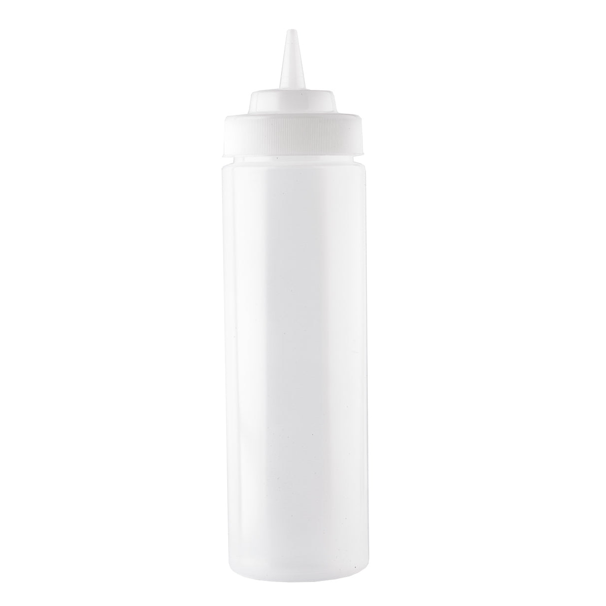 A clear, empty 24 oz Squeeze Bottle with a pointed nozzle tip and white screw-on cap stands upright against a plain background. This cylindrical bottle is often used for condiments like ketchup or mustard.