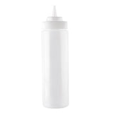 A clear, empty 24 oz Squeeze Bottle with a pointed nozzle tip and white screw-on cap stands upright against a plain background. This cylindrical bottle is often used for condiments like ketchup or mustard.