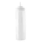 A clear, empty 24 oz Squeeze Bottle with a pointed nozzle tip and white screw-on cap stands upright against a plain background. This cylindrical bottle is often used for condiments like ketchup or mustard.