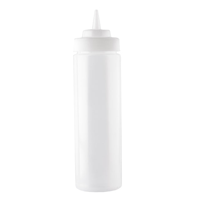 A clear, empty 24 oz Squeeze Bottle with a pointed nozzle tip and white screw-on cap stands upright against a plain background. This cylindrical bottle is often used for condiments like ketchup or mustard.