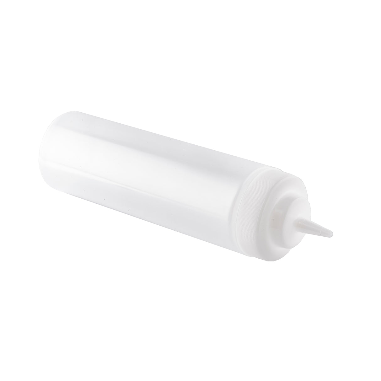 A clear, empty 24 oz Squeeze Bottle with a white cap and narrow nozzle lies on its side against a white background. This unmarked bottle is typically used for condiments or sauces.