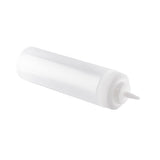 A clear, empty 24 oz Squeeze Bottle with a white cap and narrow nozzle lies on its side against a white background. This unmarked bottle is typically used for condiments or sauces.