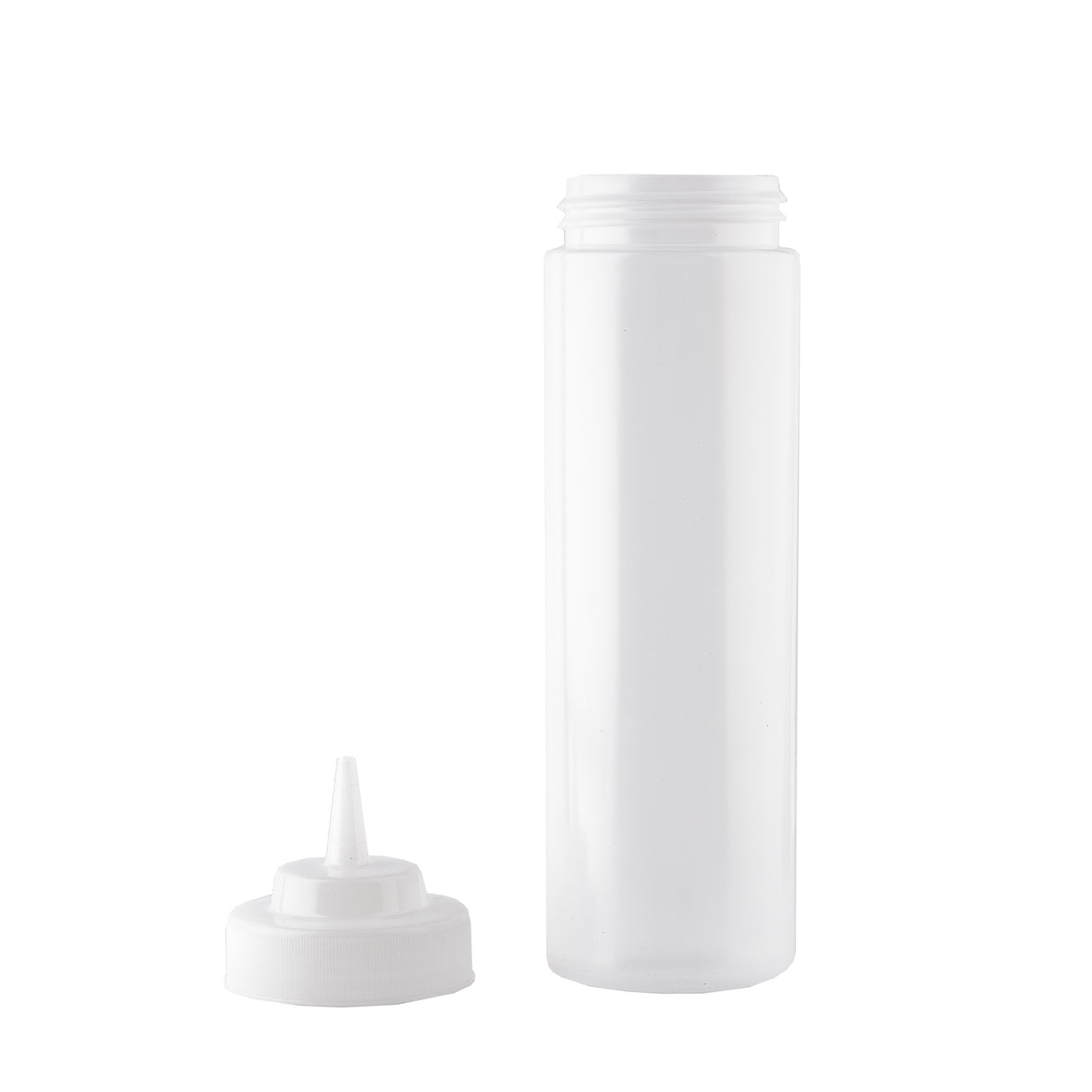 A translucent WideMouth Squeeze Bottle stands upright with its pointed nozzle cap removed and placed beside it on a white background. The 24 oz squeeze bottle has a cylindrical shape, ideal for dispensing sauces or condiments.