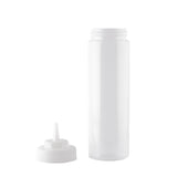 A translucent WideMouth Squeeze Bottle stands upright with its pointed nozzle cap removed and placed beside it on a white background. The 24 oz squeeze bottle has a cylindrical shape, ideal for dispensing sauces or condiments.