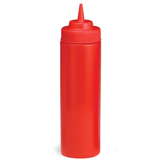 A bright red 24 oz squeeze bottle with a pointed nozzle and screw-on cap, typically used for condiments like ketchup. This dishwasher safe bottle has a simple cylindrical shape and stands upright against a plain white background.