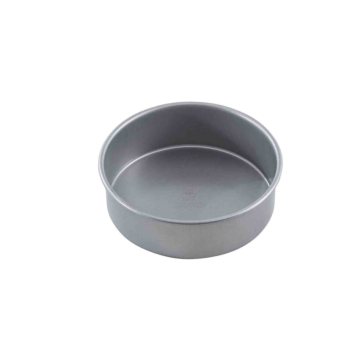A plain, empty, round cake pan with short sides is shown against a white background. The pan features a smooth, non-stick surface and has no handles or visible markings.