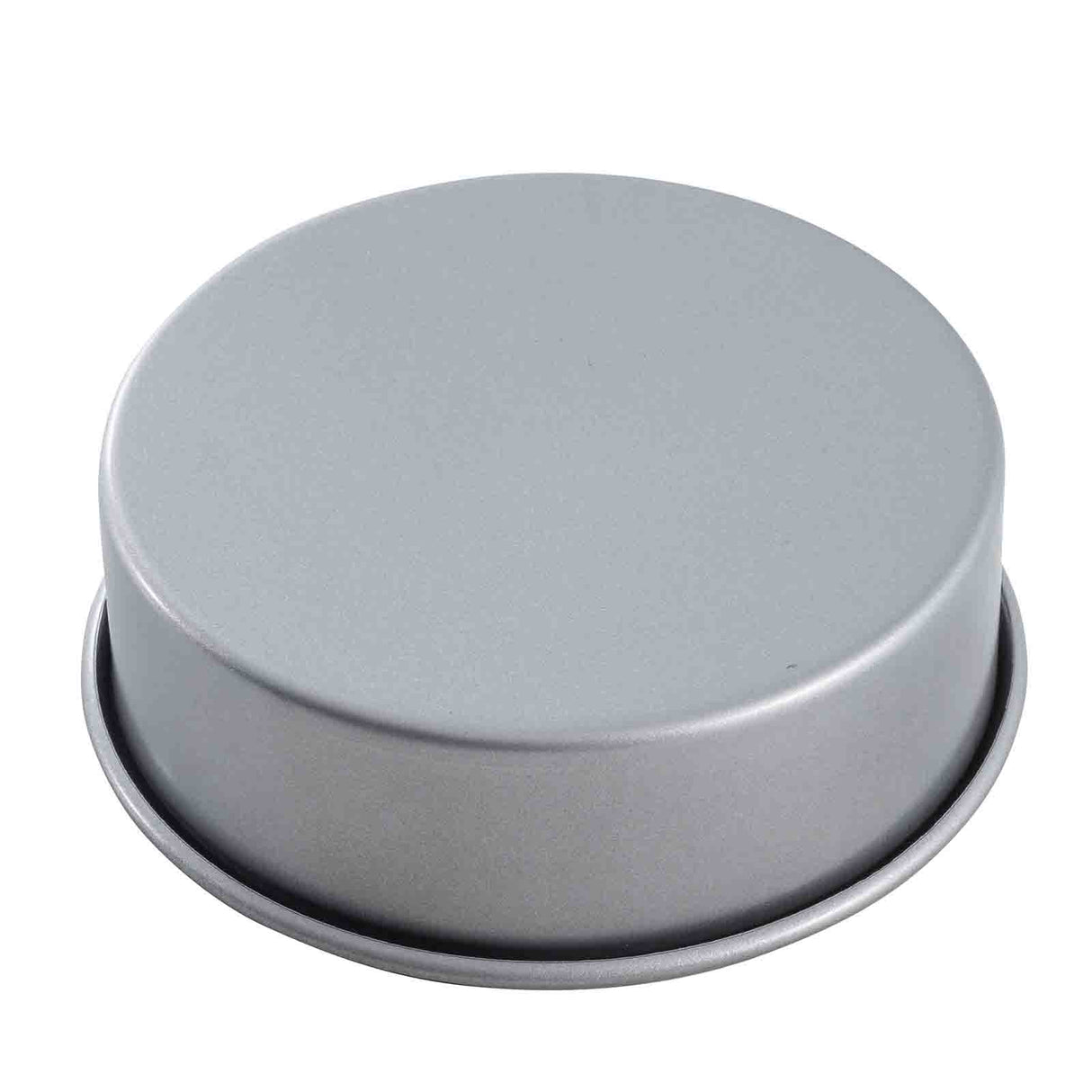A plain, round, silver-colored non-stick cake pan is shown upside down on a white background. The pan has smooth sides and a slightly raised, flat bottom with no handles, markings, or decorations visible.