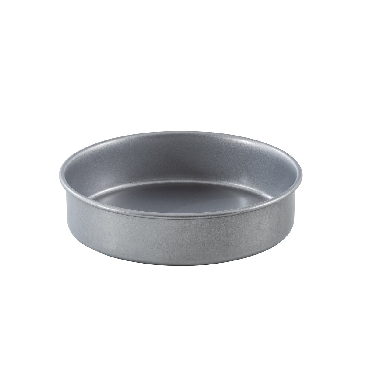 A round steel cake pan with straight sides and a flat base is shown against a white background. The empty pan features a smooth, non-stick surface, making it ideal for baking cakes.