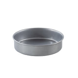A round steel cake pan with straight sides and a flat base is shown against a white background. The empty pan features a smooth, non-stick surface, making it ideal for baking cakes.