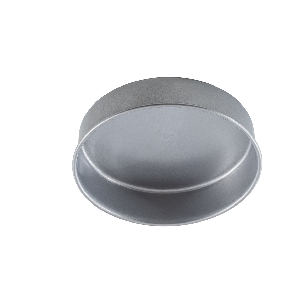 A round steel cake pan with a shiny, smooth surface and flat base is shown against a white background. The empty pan’s cylindrical shape stands out, making it perfect for baking classic cakes with ease.