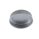 A round steel cake pan with a shiny, smooth surface and flat base is shown against a white background. The empty pan’s cylindrical shape stands out, making it perfect for baking classic cakes with ease.