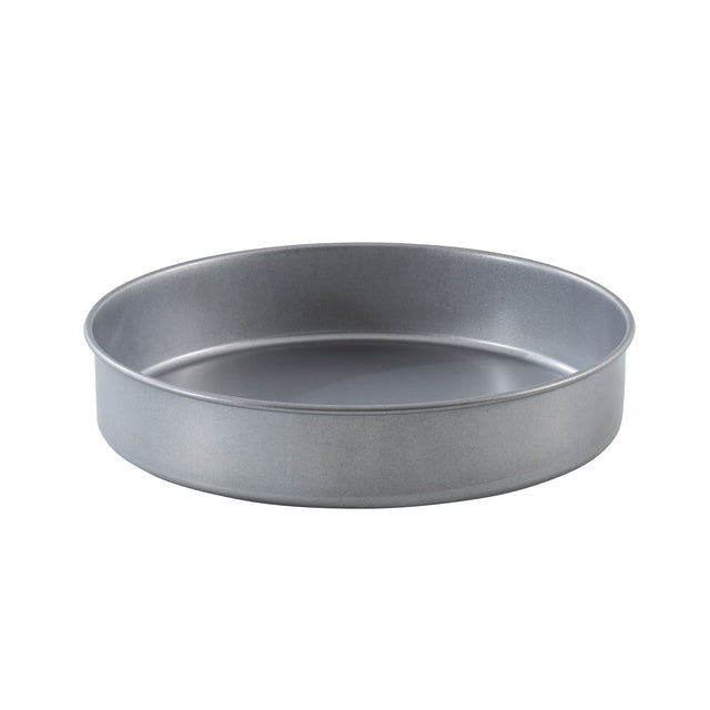A plain, round aluminized steel cake pan with smooth sides and a flat base, shown empty against a white background. The pan features a shiny, silver surface and is designed for baking cakes or similar baked goods.
