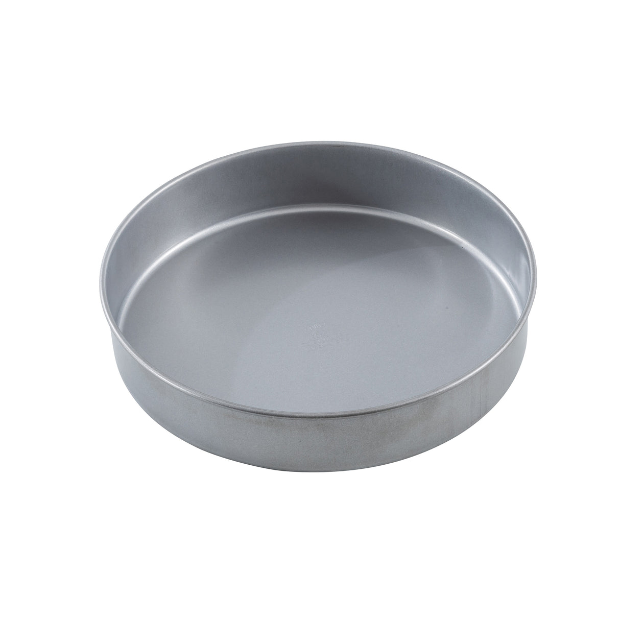 A plain, round cake pan made of aluminized steel with straight sides and a smooth, shiny silver surface, photographed on a white background. The empty pan is viewed at a slight angle, highlighting its depth and circular shape.