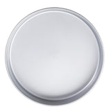 A round, silver-colored aluminized steel cake pan with smooth edges and a flat base, viewed from above against a white background. The plain, non-stick pan is commonly used for baking cakes or pizzas.