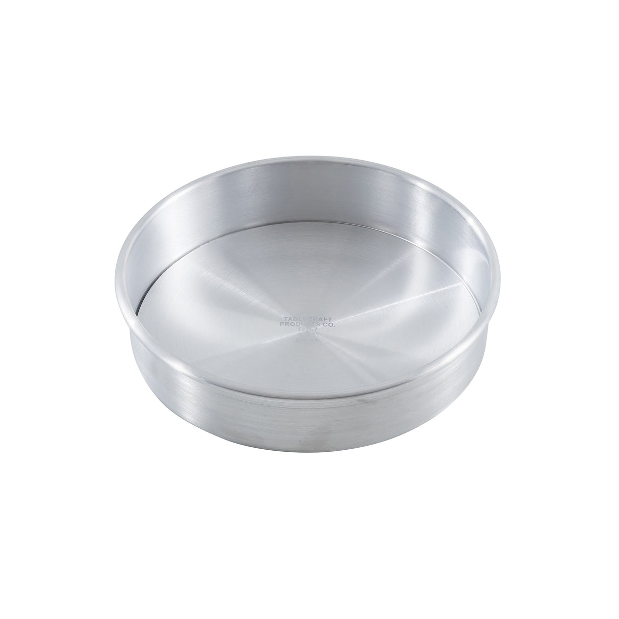 A round, shallow cheesecake pan with straight sides and a flat base. The smooth, shiny metallic surface of this TableCraft pan is empty and positioned against a plain white background.