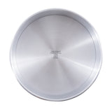 A round aluminum pan with smooth sides and a brushed metal interior. At the center of the base, black text reads: “TABLECRAFT PRODUCTS CO. 21363 9 x 2 3/4 CHINA.” This cheesecake pan is empty and photographed from above.